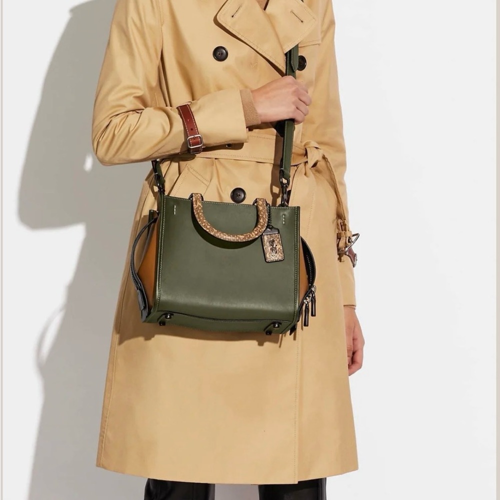 Coach Rogue 25 Army Green Smooth  Leather Satchel with Snakeskin Handles - Picture 8 of 10